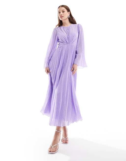 ASOS DESIGN tie back fluted sleeve pleated chevron chiffon midi dress in lilac ASOS