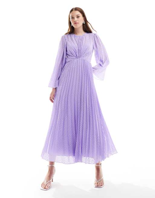 ASOS DESIGN tie back fluted sleeve pleated chevron chiffon midi dress in lilac ASOS