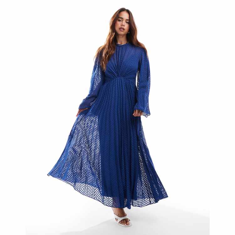 asos design embroidered pleated midi dress with fluted sleeve ASOS DESIGN embroidered pleated midi dress with fluted sleeve in navy