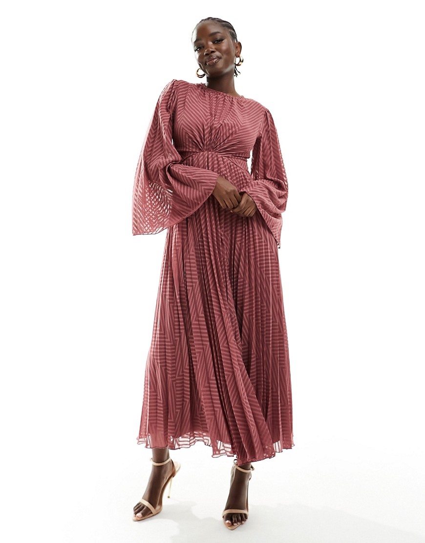 ASOS DESIGN tie back fluted sleeve pleated chevron chiffon midi dress in rose-Pink