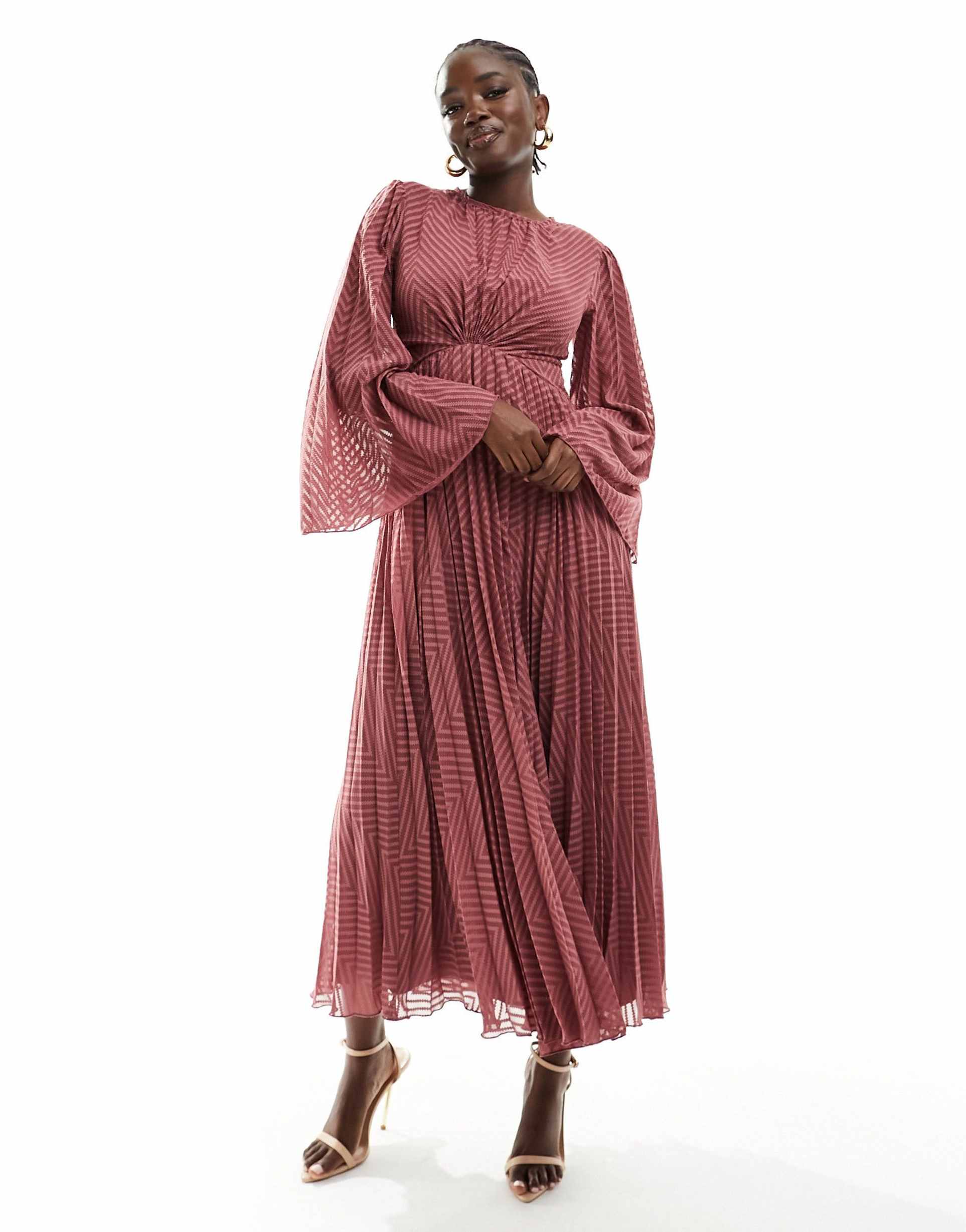 asos design tie back fluted sleeve pleated chevron chiffon midi dress in rose