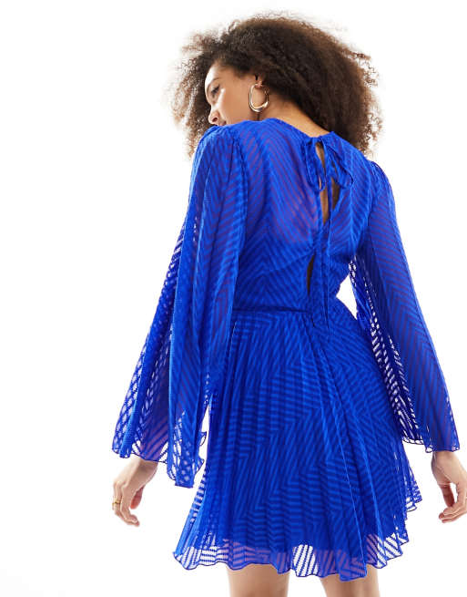 ASOS DESIGN tie back fluted sleeve pleated chevron chiffon mini dress in dark blue, 4 of 4