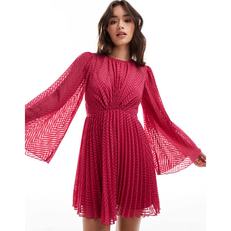 ASOS Design Tie Back Fluted Sleeve Pleated Chevron Chiffon Mini Dress in Red