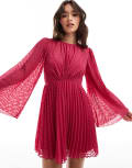 [ASOS DESIGN] ASOS DESIGN tie back fluted sleeve pleated chevron chiffon mini dress in red 12 RED