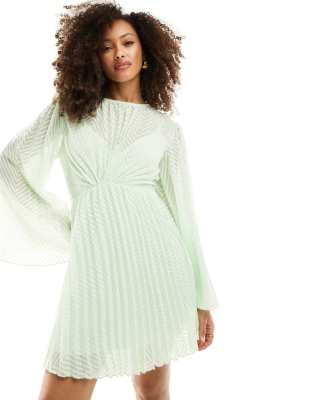 Asos Design Tie Back Fluted Sleeve Pleated Chevron Chiffon Mini Dress In Sage Green