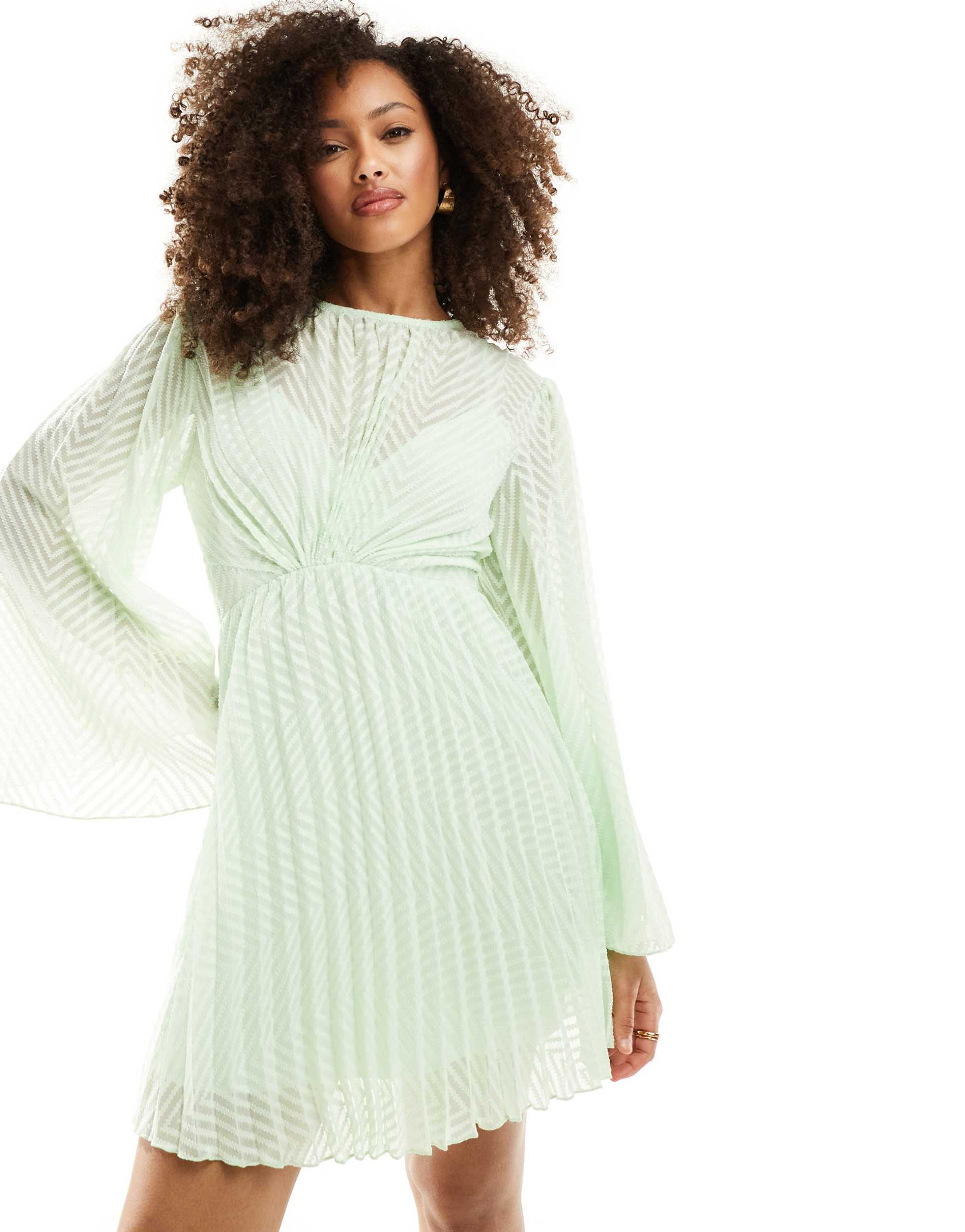 asos design tie back fluted sleeve pleated chevron chiffon mini dress in sage green