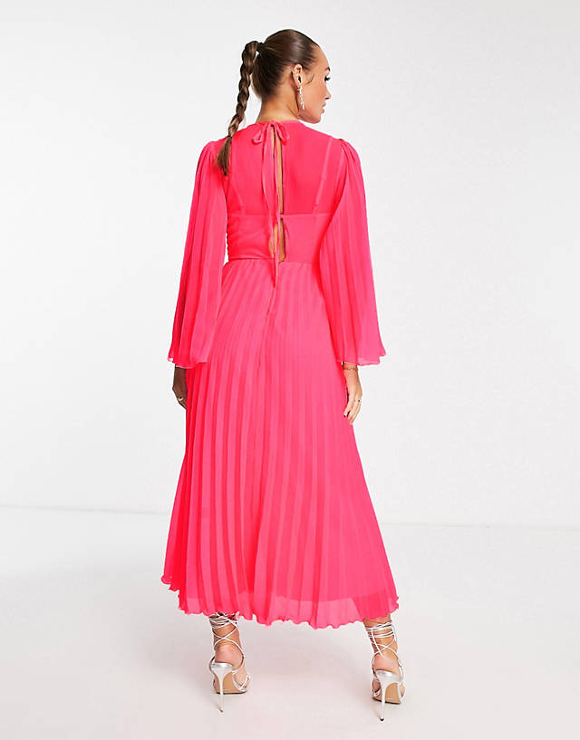 ASOS DESIGN tie back fluted sleeve pleated midi dress in fluro pink ZN10201