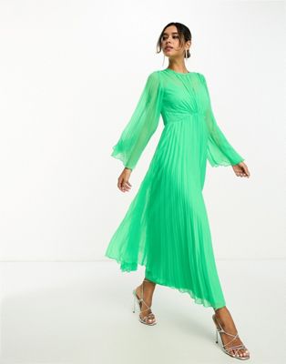 Asos Design Tie Back Fluted Sleeve Pleated Midi Dress In Green