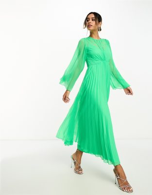 Asos Design Tie Back Fluted Sleeve Pleated Midi Dress In Green