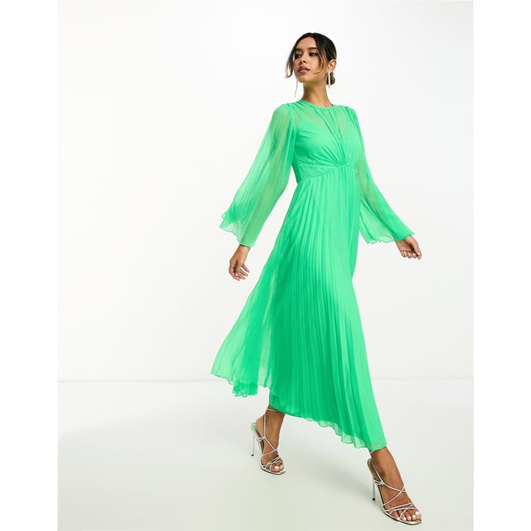 ASOS DESIGN tie back fluted sleeve pleated midi dress in green