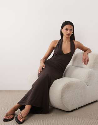 Asos Design Tie Back Halter Midi Dress In Brown