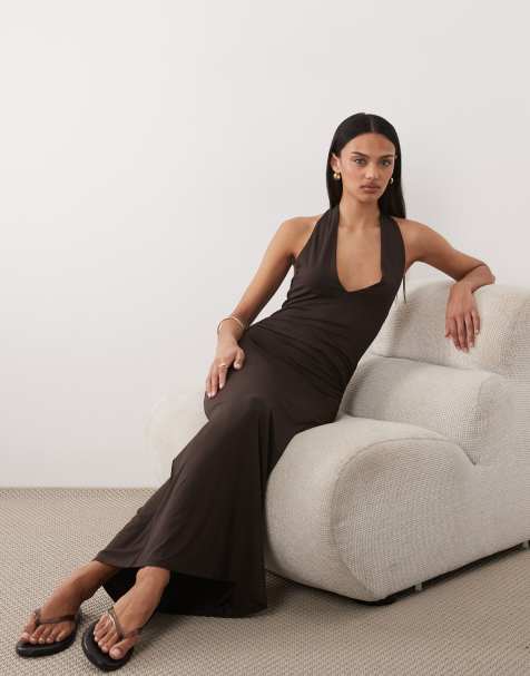 ASOS DESIGN tie back halter midi dress in chocolate - view 1