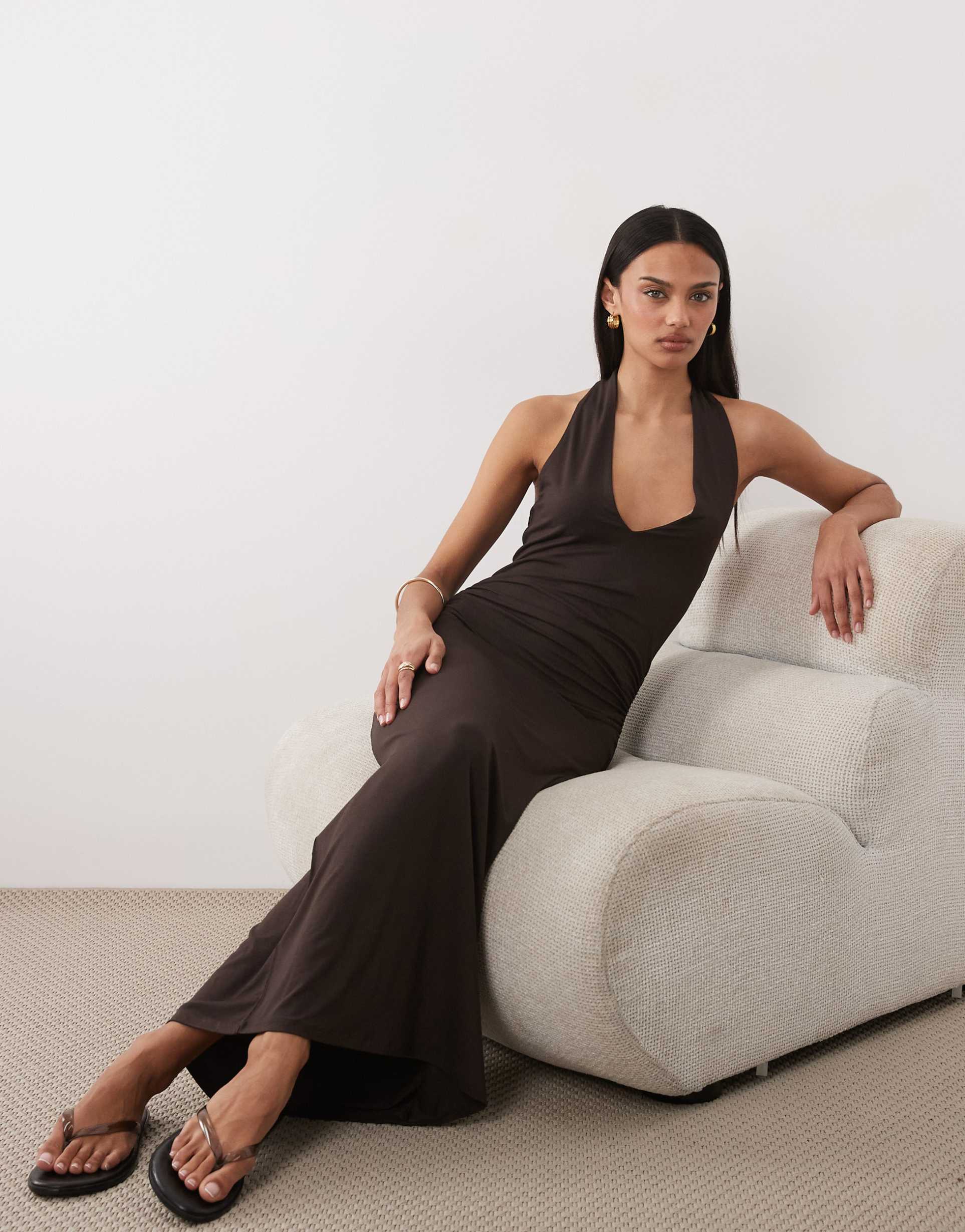 asos design tie back halter midi dress in chocolate