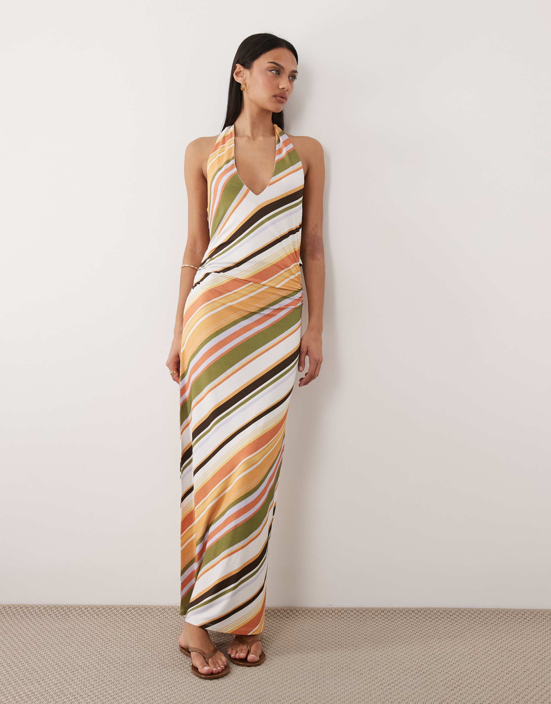 asos design tie back halter midi dress in stripe