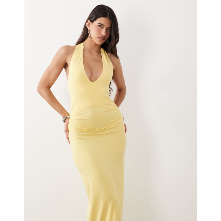 yellow midi dress bodycon Women's Ribka Midi Dress in Mesh Lemon, XS , Halter Neck , Bodycon , Frill , Asymmetric main image 1