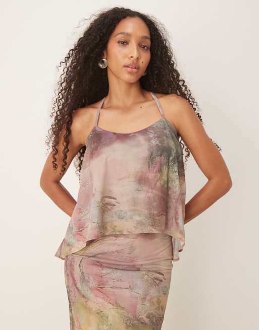 ASOS DESIGN tie back halter neck cami top in blur print (part of a set)
