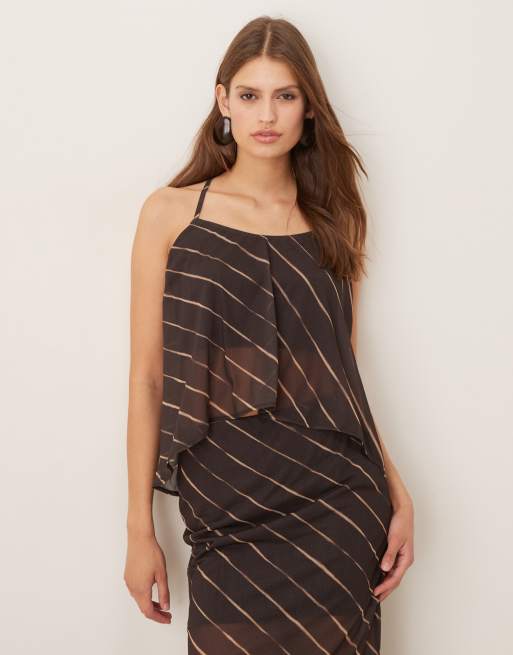 ASOS DESIGN tie back halter neck cami top in dark chocolate stripe - part of a set