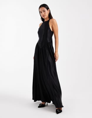 Asos Design Tie Back Halter Neck Satin Maxi Dress In Black