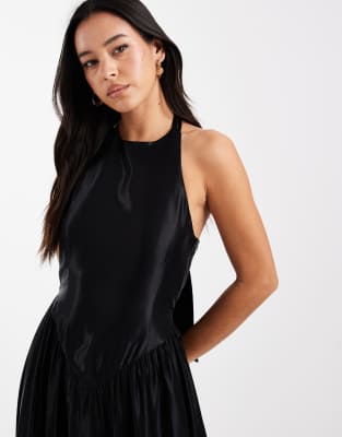 Asos Design Tie Back Halter Neck Satin Maxi Dress In Black
