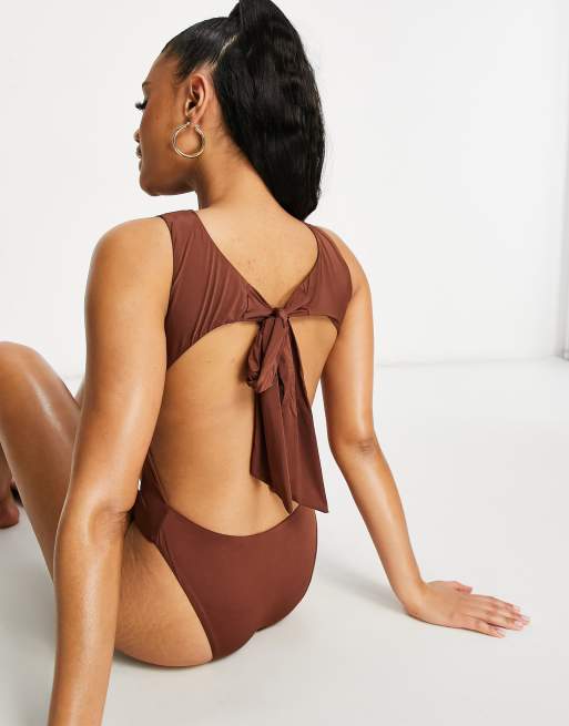 ASOS DESIGN tie back high neck swimsuit in chocolate brown, 4 of 4