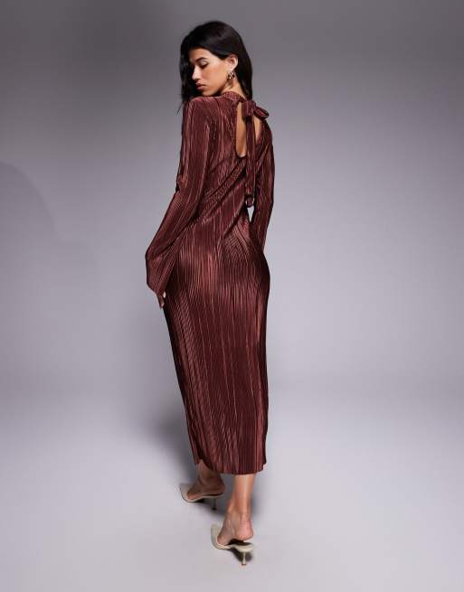 ASOS DESIGN tie back long sleeve plisse dress in chocolate
