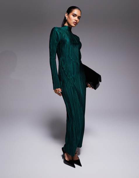 ASOS DESIGN tie back long sleeve plisse dress in dark green - view 1