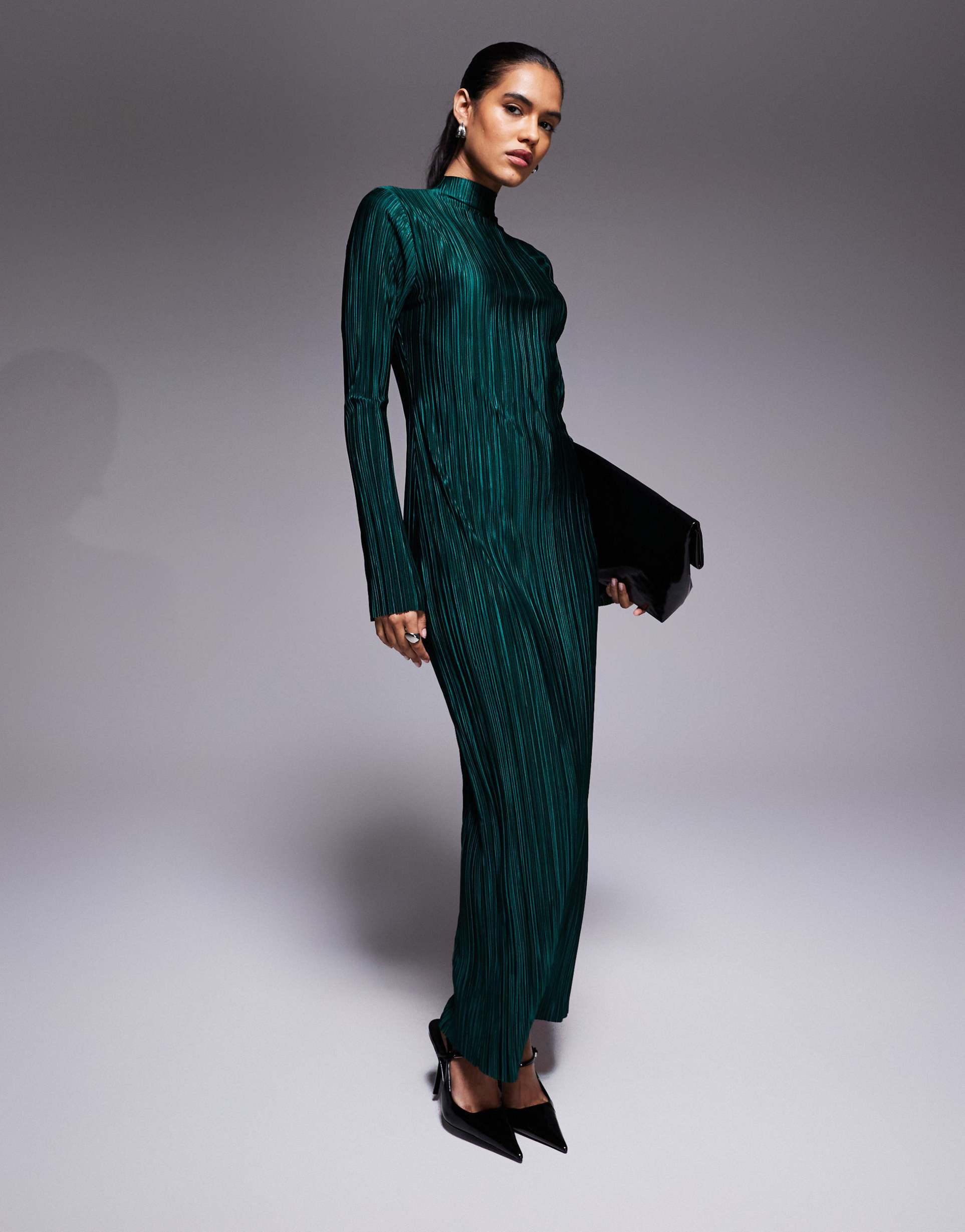 asos design tie back long sleeve plisse dress in dark green