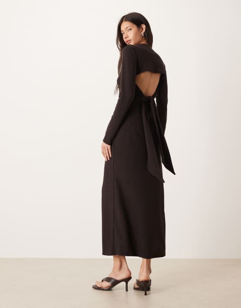 ASOS DESIGN tie back long sleeved rib maxi dress in chocolate