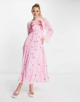 ASOS DESIGN tie back pleated sleeve midi dress in pink with red embroidery
