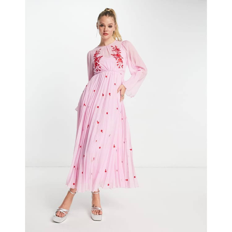 Auden Floral Embro Sleeved Overlap Maxi Dress In Pink – The Design