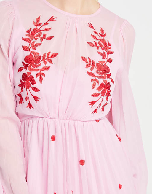 ASOS DESIGN tie back pleated sleeve midi dress in pink with red embroidery