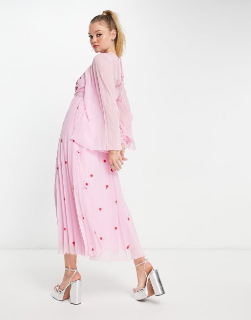 ASOS DESIGN Maternity nursing pleated tie wrap around midi dress in  textured chevron in pink