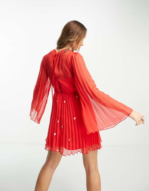 ASOS DESIGN tie back pleated sleeve mini dress in red with pink embroidery, 2 of 4