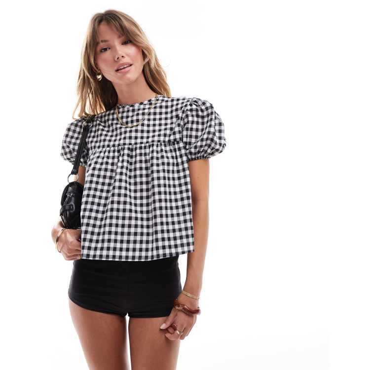 ASOS DESIGN tie back puff sleeve smock top in black gingham