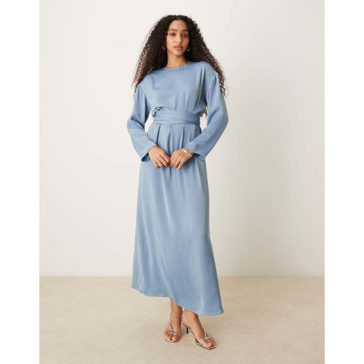 ASOS DESIGN tie back satin maxi dress in steel blue