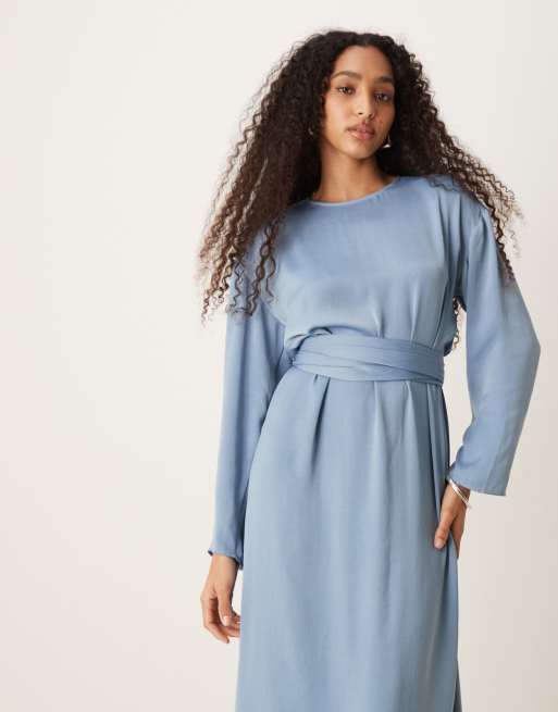 ASOS DESIGN tie back satin maxi dress in steel blue
