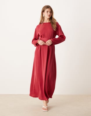 Asos Design Tie Back Satin Slip Maxi Dress In Red