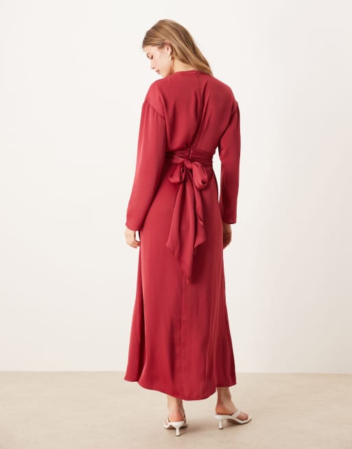 ASOS DESIGN tie back satin slip maxi dress in raspberry, 4 of 4