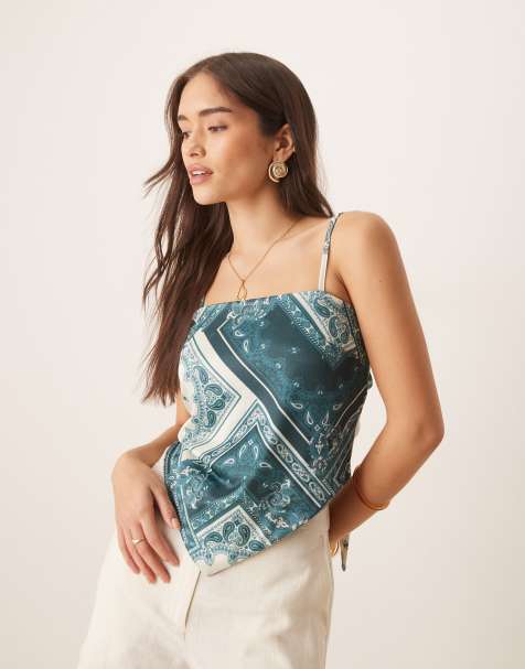 ASOS DESIGN tie back scarf cami top in blue print - view 1