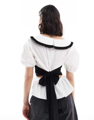 Asos Design Tie Back Shirt With Ruffle Collar Detail In Black