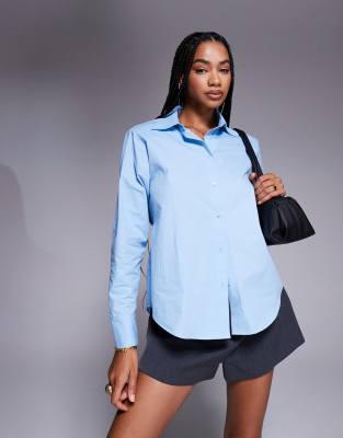 Asos Design Tie Back Shirt With Shoulder Pads In Blue