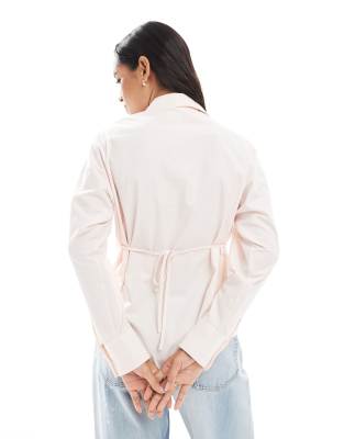 Asos Design Tie Back Shirt With Shoulder Pads In Pink