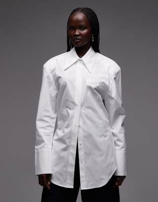 Asos Design Curve Tie Back Shirt With Shoulder Pads In White