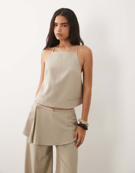 ASOS DESIGN tie back tailored top in beige co-ord - view 1