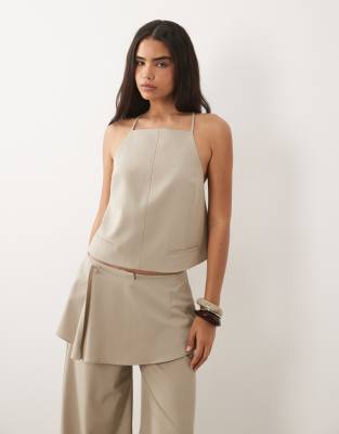 Asos Design Tie Back Tailored Top In Neutral