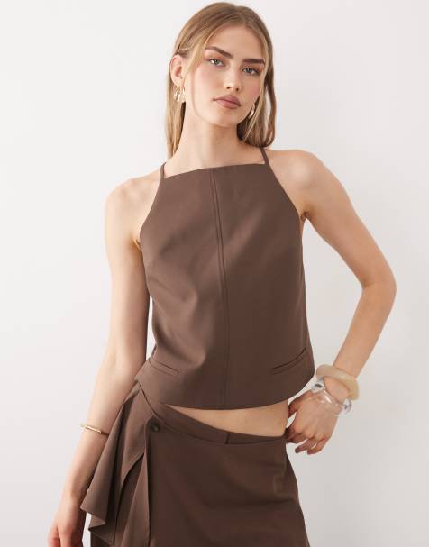 ASOS DESIGN tie back tailored top in brown - part of a set - view 1