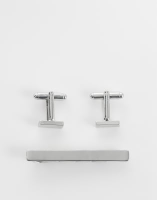 Asos Design Tie Bar And Cufflink Set In Silver