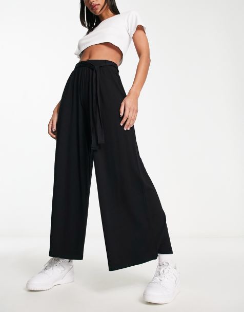 ASOS DESIGN tie belt wide leg pant culottes in black - view 1