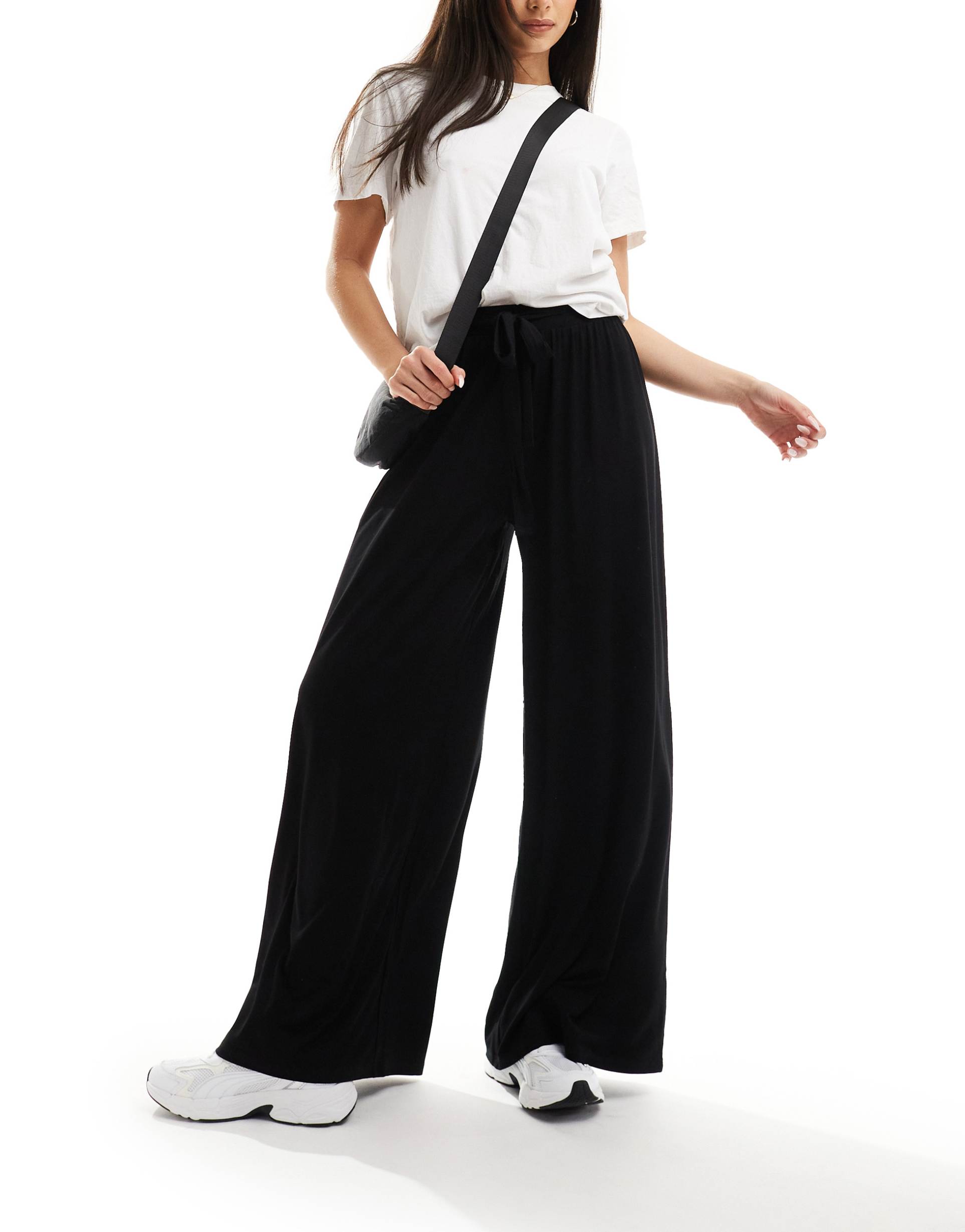 asos design tie belt wide leg pants in black