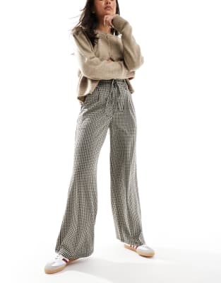 Asos Design Tie Belt Wide Leg Pants In Micro Dogtooth Plaid-multi